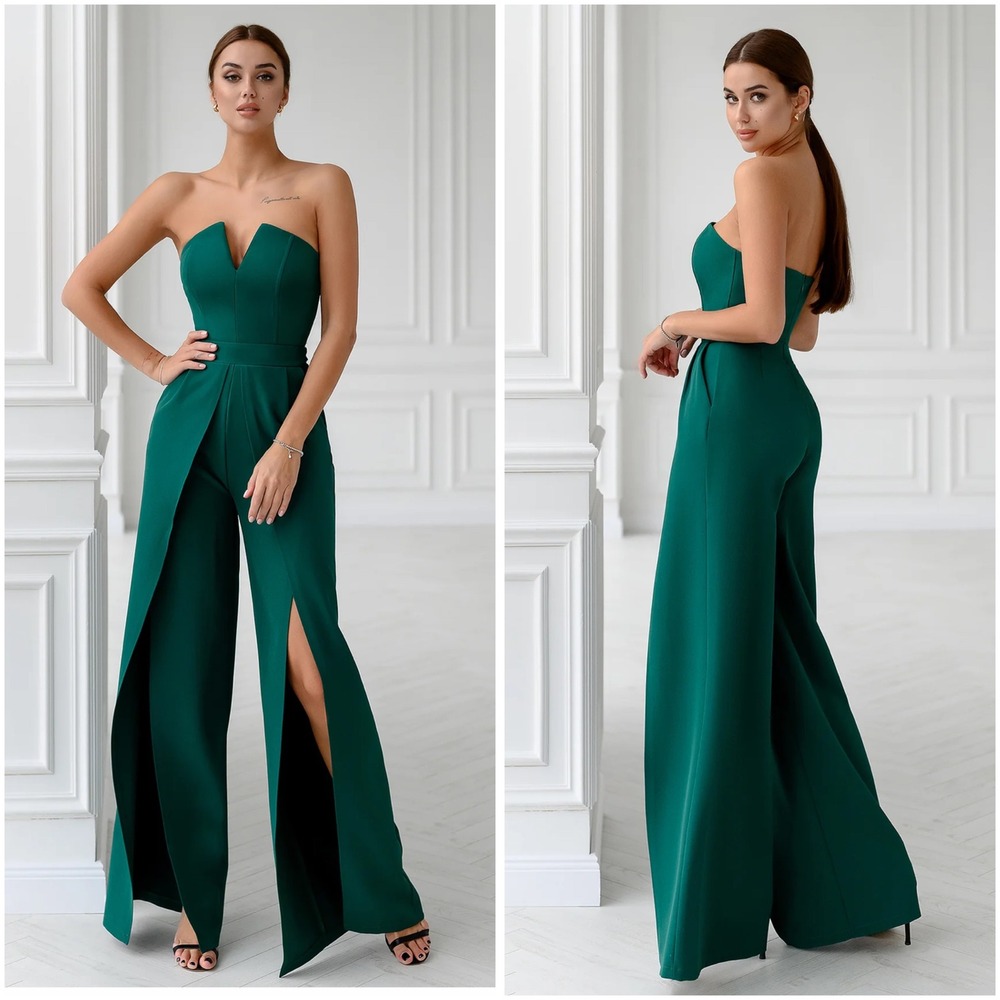 Elagia Emerald Green Strapless Wide Leg‎ Jumpsuit with Front Slit Overlay Large